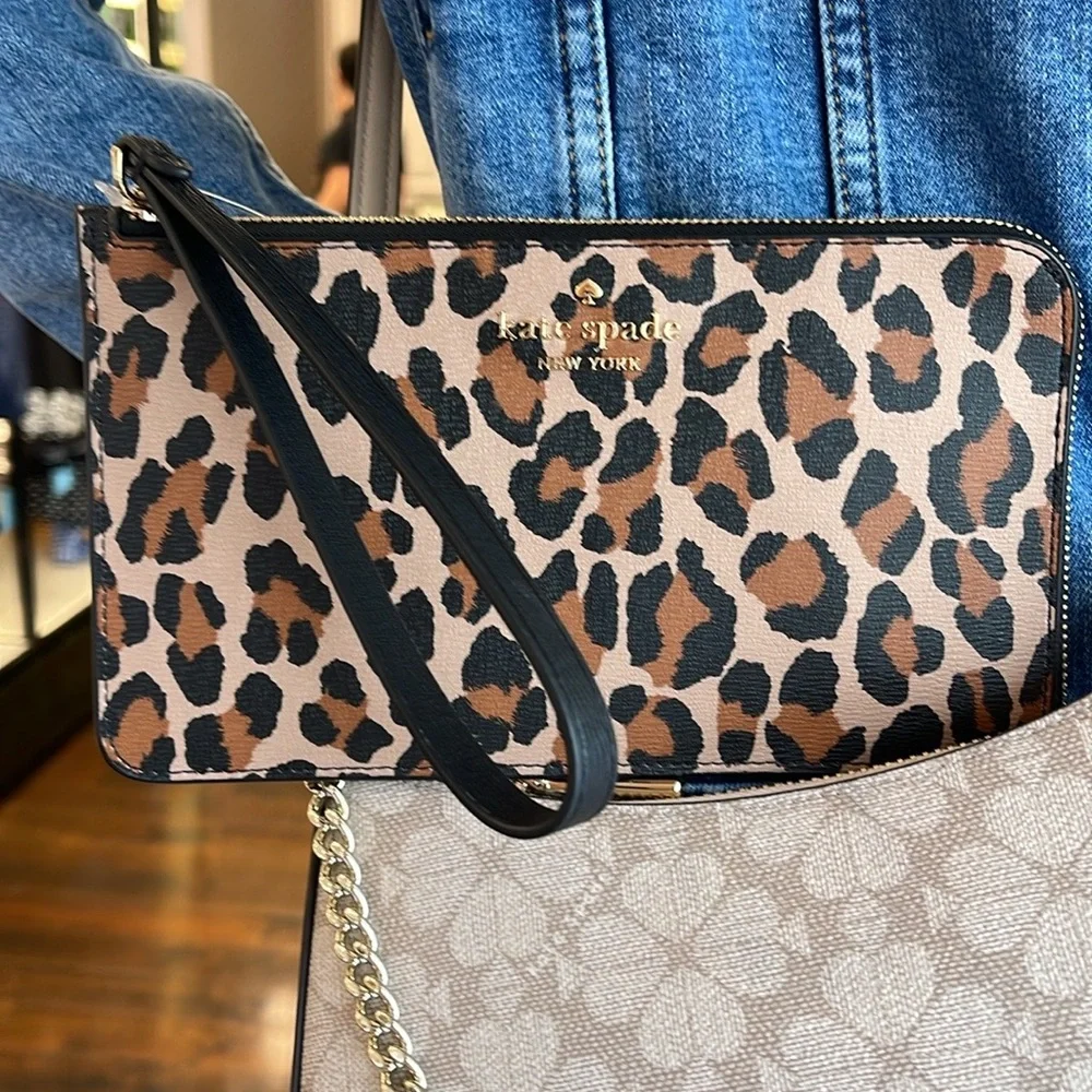 Kate Spade Lucy Leopard Medium L Zip Wristlet Brown Multi Leopard NWT